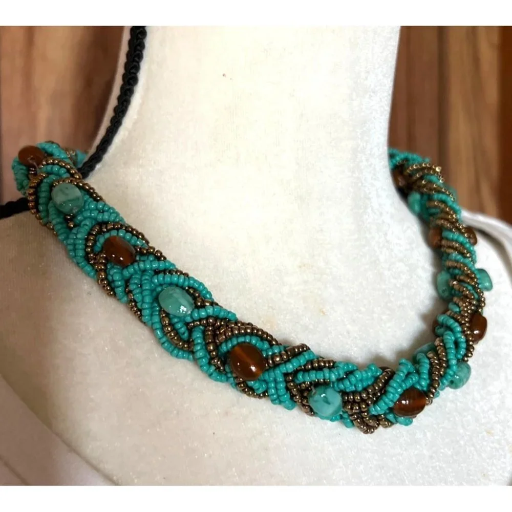Turquoise Glass Bead Braided Necklace -- 18